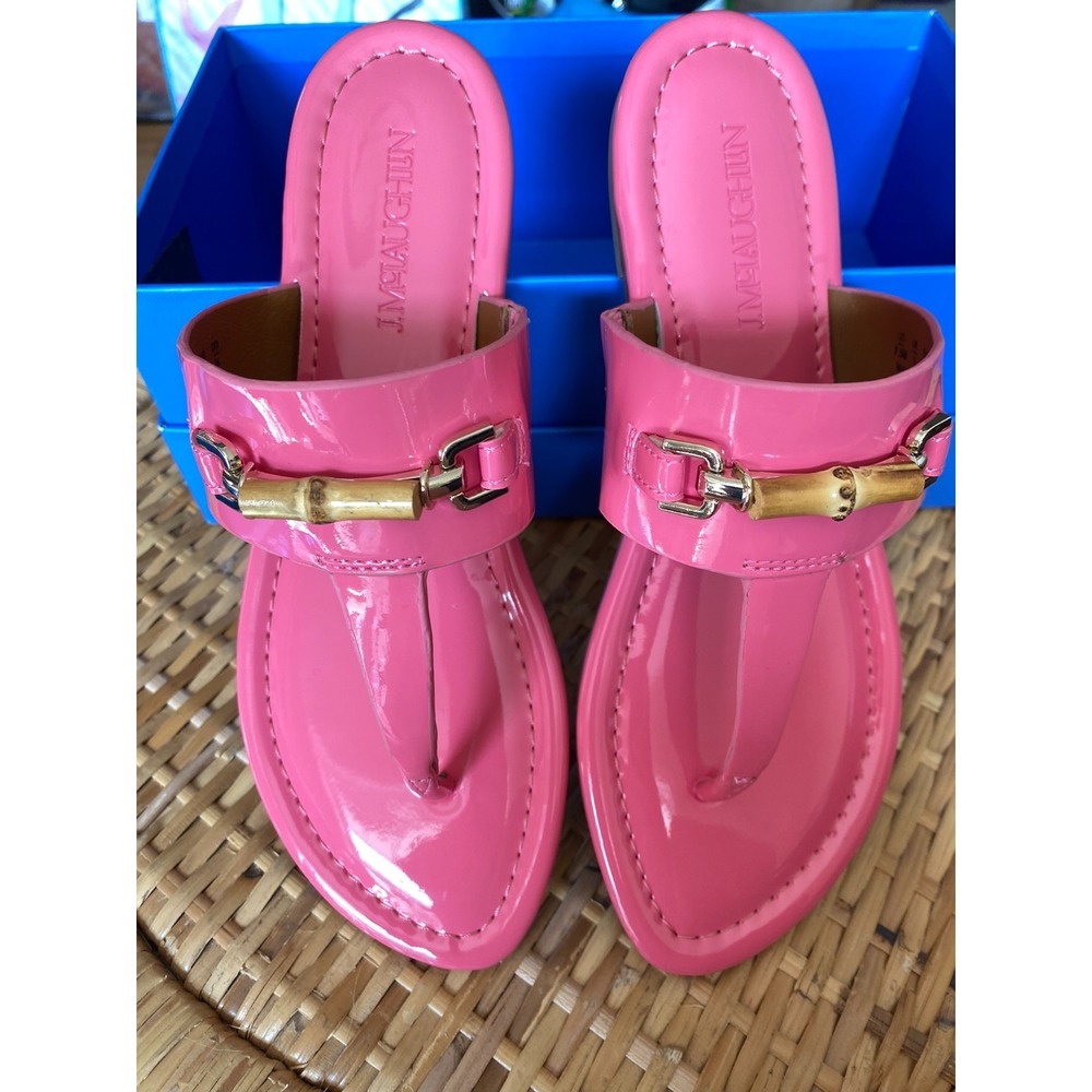 J.McLaughlin Nora Sandals 7.5 Pink Coral Patent Bamboo Gold Thong Flat Slide NIB
